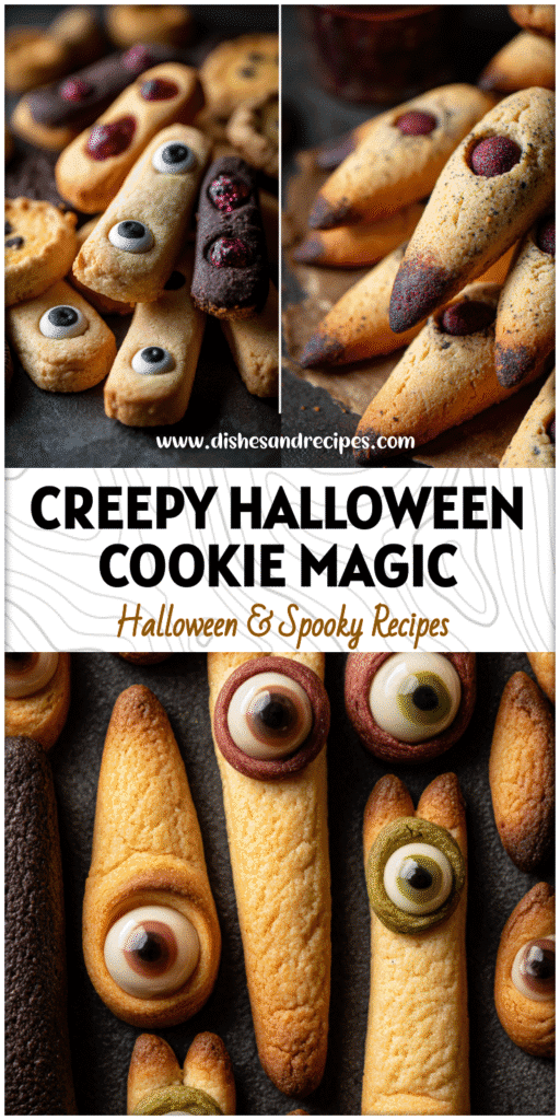 Close-up of freshly baked Witches Finger Cookies and Eyeball Cookies on a dark Halloween background.